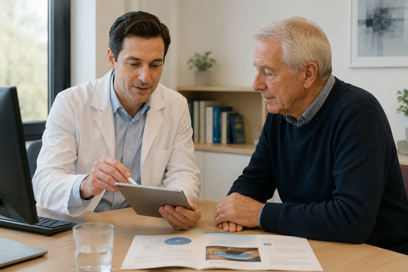 Arzt bespricht mit Patient anhand eines Tablets die Fahrtauglichkeit bei grauem Star