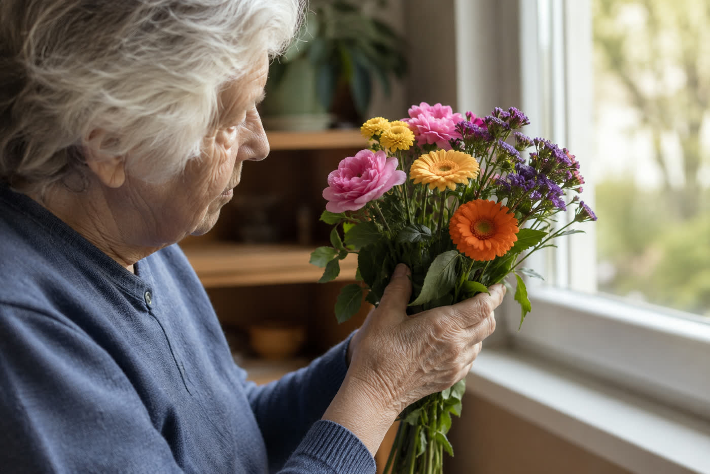 Nahaufnahme von Händen mit einem bunten Blumenstrauß am Fenster